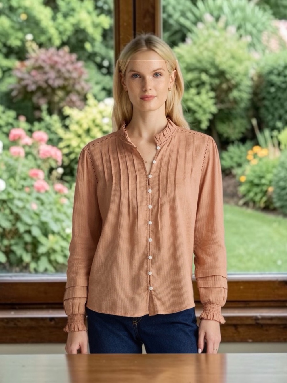 QUINCE 100% ORGANIC COTTON PEASANT BLOUSE SZ MED IN CAFE AU LAIT - Picture 2 of 8